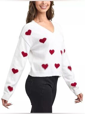 BCX White V-Neck Oull On Sweater with Red Hearts ♥️❤️❤️
